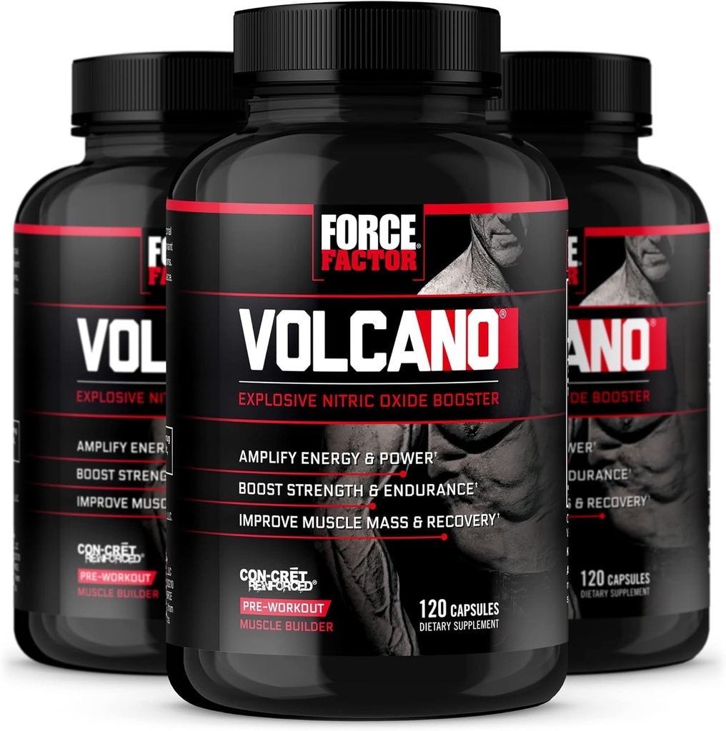 Force FACTOR Vulcano Pre Antrenament Nitric Oxid Booster Supliment pentru bărbați cu Creatină și L-Citrulină pentru a ajuta la stimularea oxid de azot, energie, construi musculare și îmbunătățirea fluxului sanguin, 120 Conte (Pachet de 3)