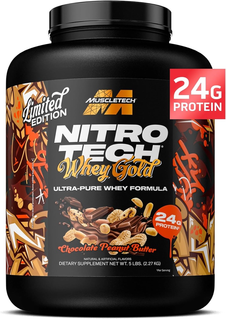 MuscleTech Whey Protein Powder (čokoládové arašídové máslo, 5LB) - Nitro- Tech Whey Protein Isolate Smoothie Mix for Lean Muscle & Fast Recovery - 24 g syrovátkového zlata protein pro ženy a muže - gluten- bez