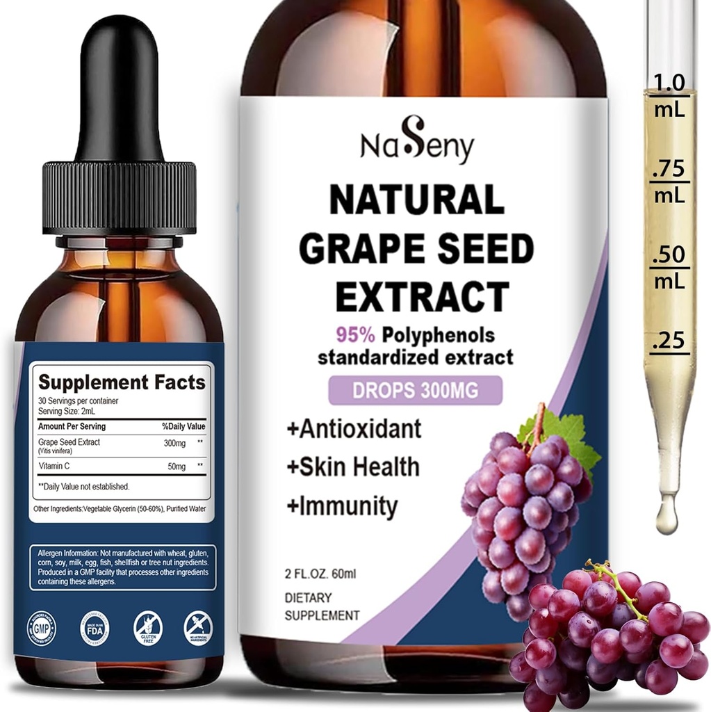 Natural Grape Seed Extract Drops-300 mg Grape Seed Extract Liquid Supplement - Maximale sterkte Vitis Vinifera Seed Tinctuur, gestandaardiseerd tot 95% Polyfenolen, Non-GMO, Glutenvrij (60ml)