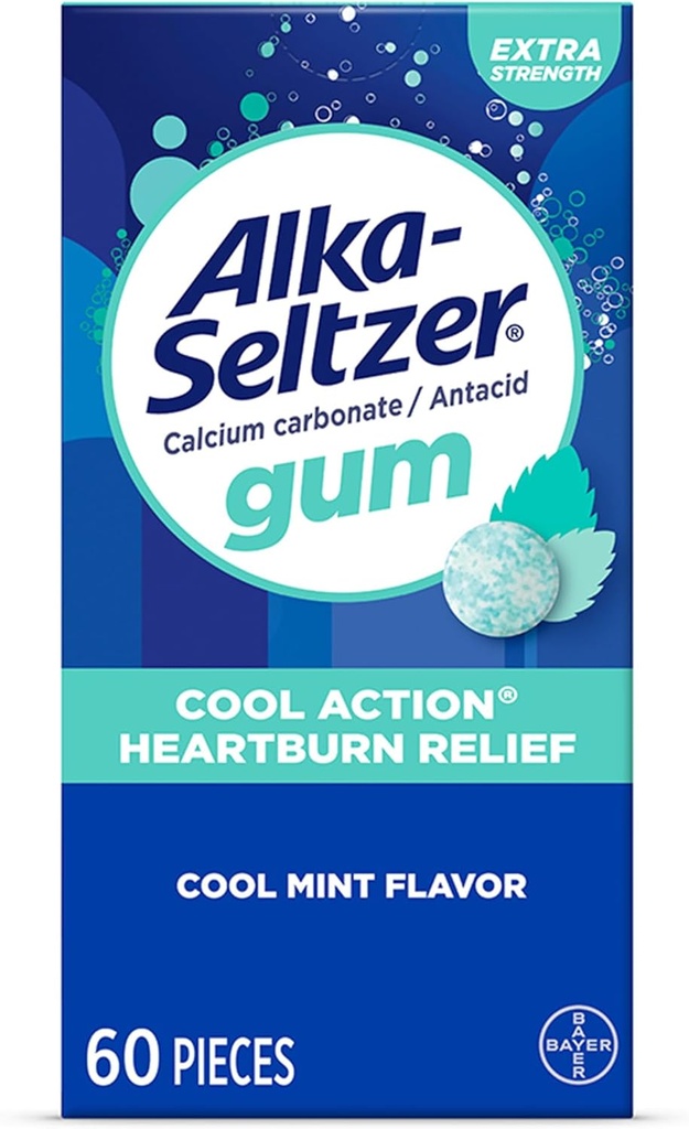Alka-Seltzer Cool Action Heartburn Relief Gum, Extra Strength Antacid Gum, Acid Indigestion och Upset Stomach Relief, No Chalky Taste, Cool Mint Flavor, 60 Count