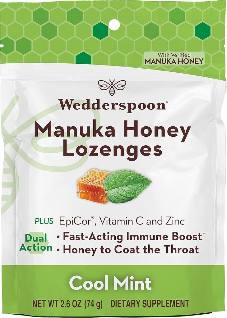 Wedderspoon Manuka Medena Immuniteta Lozenges, Cool Mint, 2.6 Oz (Pack of 1), Prava Nova Zelandija Med, povečanje imunitete v dveh urah