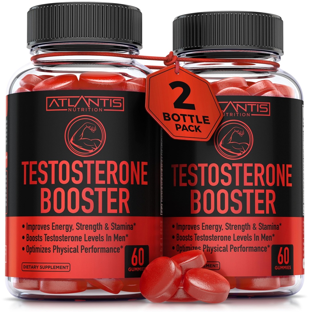 Atlantis Nutrition Testosterone Booster Gummies For Men - Enhances Strength & Stamina - Optimizes Performance & Male Enhancement - Tribulus, Goat Weed Extract, Maca Root Extract | 2-Pack (120 Gummies)