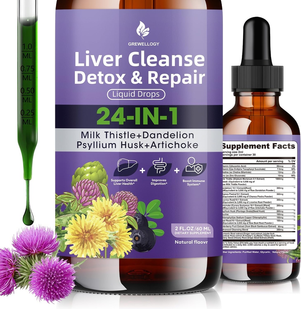 Liver Cleanse Detox & Repair Drops, Milk Thistle, Dandelion, Artichoke & Psyllium Husk para apoiar a saúde do fígado, 24-in-1, Natural Flavor, 2 Fl.Oz