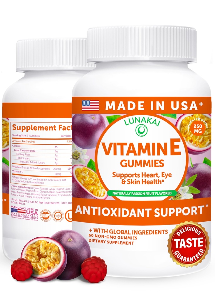 Lunakai USA Made Vitamin E 400 IU Gummies with Vitamin C 50mg, for Eye, Immune & Skin Support - d-Alpha-Tocopherol for Adults, Women & Men, Non-GMO Vegan, 60 Daily VIT E Gummies