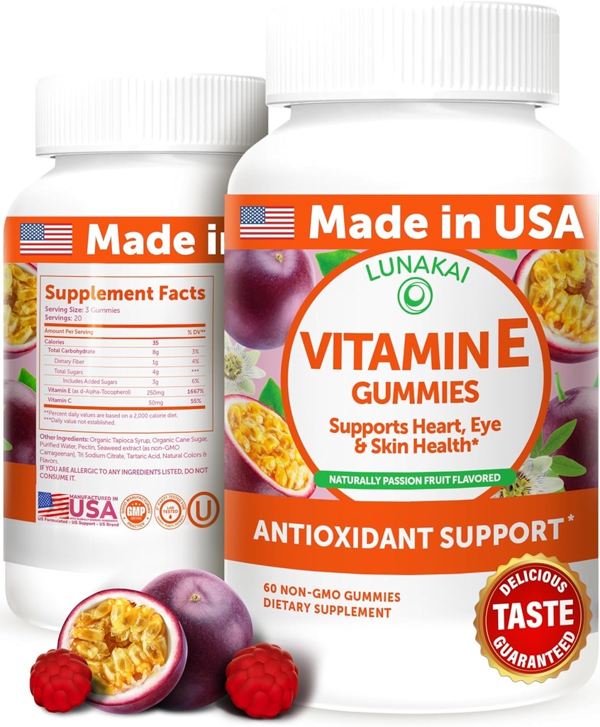 Lunakai USA Made Vitamin E Gummies 400IU med vitamin C - Utsökt, Vegan, icke-GMO Supplement för daglig hud och ögonstöd, 60ct