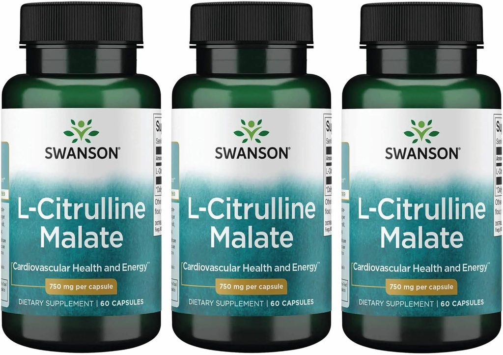 Swanson L-Citrulline Malate - Amino Acid supplement Promoting Energy Production ' Healthy Blood Circulation - Natural Formula Supporting Overall Wellness - (60 Capsules, 750mg each) (3 Pack)