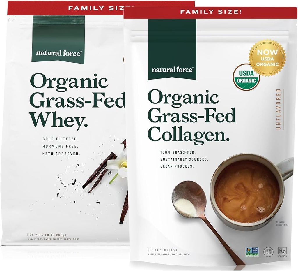 Natural Force Grass Fed Organik Whey Protein Toz Vanilla Flavor 5 lb Organik Temiz Collagen, Toz Unflavored, 32oz