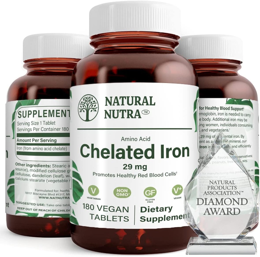 Natural Nutra Chelated Iron Supplement för män och kvinnor, Nails Health, främjar optimal absorption, hjälper till att förbättra järnnivån, upprätthålla kroppsfrukt, hjälpa till att förbättra hårväxt, hudhälsa, 180 tabletter
