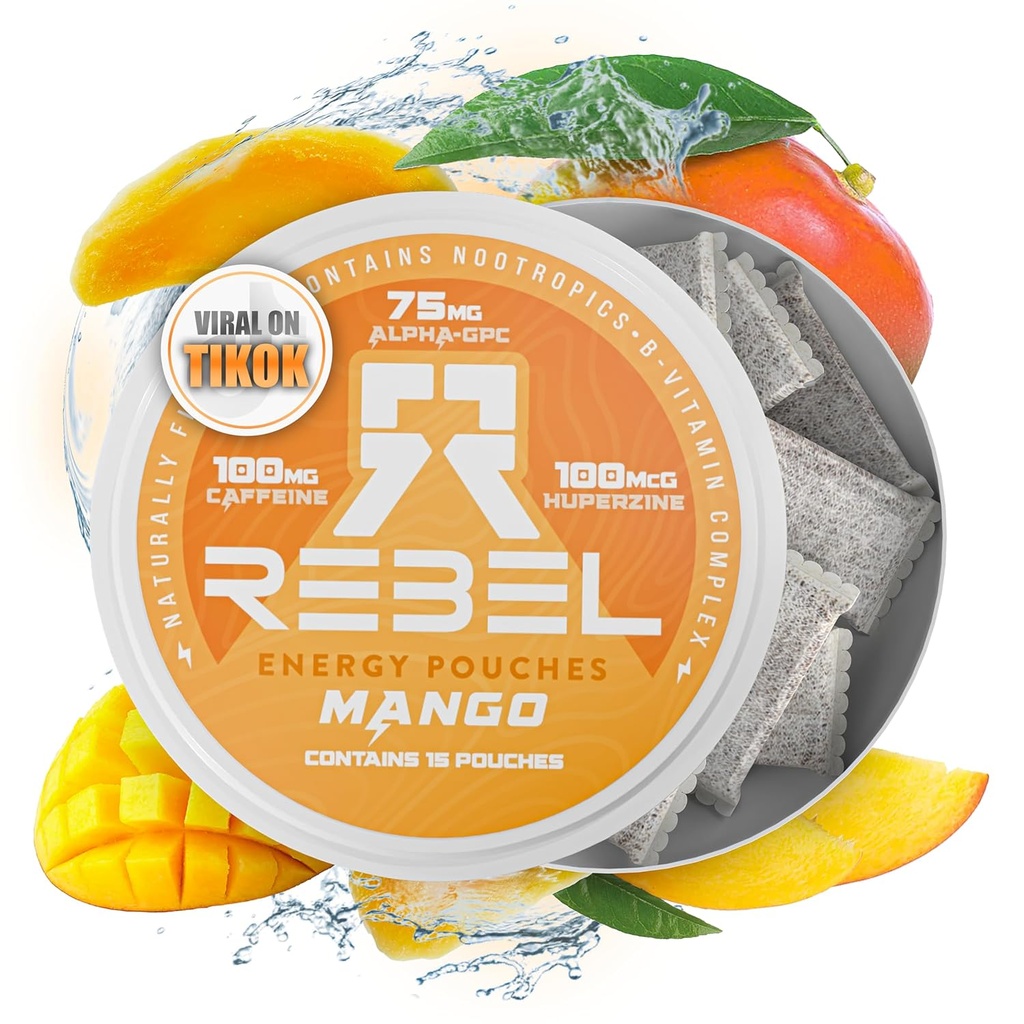 Nootropic Energy Caffeine Pouches • 100 мг кофеина • Alpha GPC • Huperzine A & Essential Vitamins • Sugar-Free • Coconut Fiber Technology • Mango Flavor • 15 мешков на банку (Pack of 1)