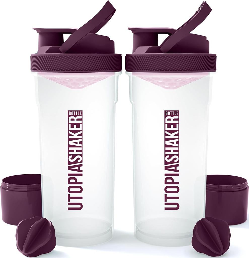 Utopia Etusivu Shaker Bottle 2 pakkaus - 24 Ounce Plastic Protein tai Cocktail Shaker Bottle Pre & Post workout kanssa Twist & Lock Protein Box Storage (Clear/Plum)