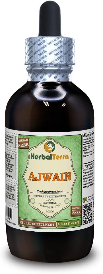 Ajwain (Trachyspermum ammi) Glycerite, sementes orgánicas Extracto líquido sen alcohol (Nome de terra: HerbalTerra, feito con orgullo en Estados Unidos) 4 fl.oz (120 ml)