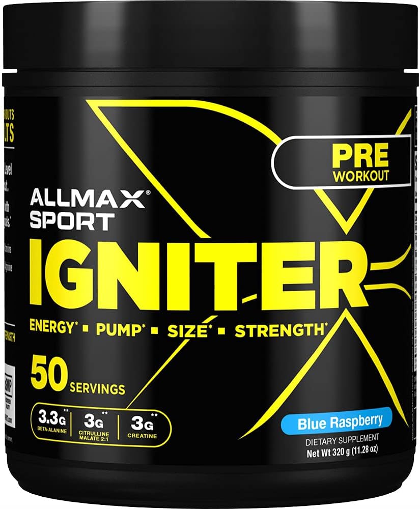 ALLMAX IGNITER Sport, Blue Raspberry - 330 g - Předcvičení Formule - s kofeinem, L- Citrulin, L- Arginin, Creatine & Beta Alanin - Až 50 Služeb