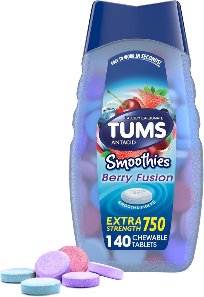 TUMS Antacid Smoothies Berry Fusion Extra Strength 750, Smooth Dissolve - 140 Chewable Tabletler