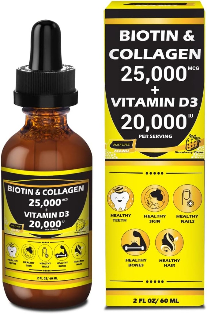 Dabā Manu-Premium 25,000mcg Šķidrais biotīns un kolagēns+20,000iu D3 vitamīns All-in-one Wellness Daily Drops. Atbalsta veselīgu ādu, spēcīgāku nagu, matu augšanu. Garšvielu zemeņu uzliesmotājs – 2 FL OZ/60 ML
