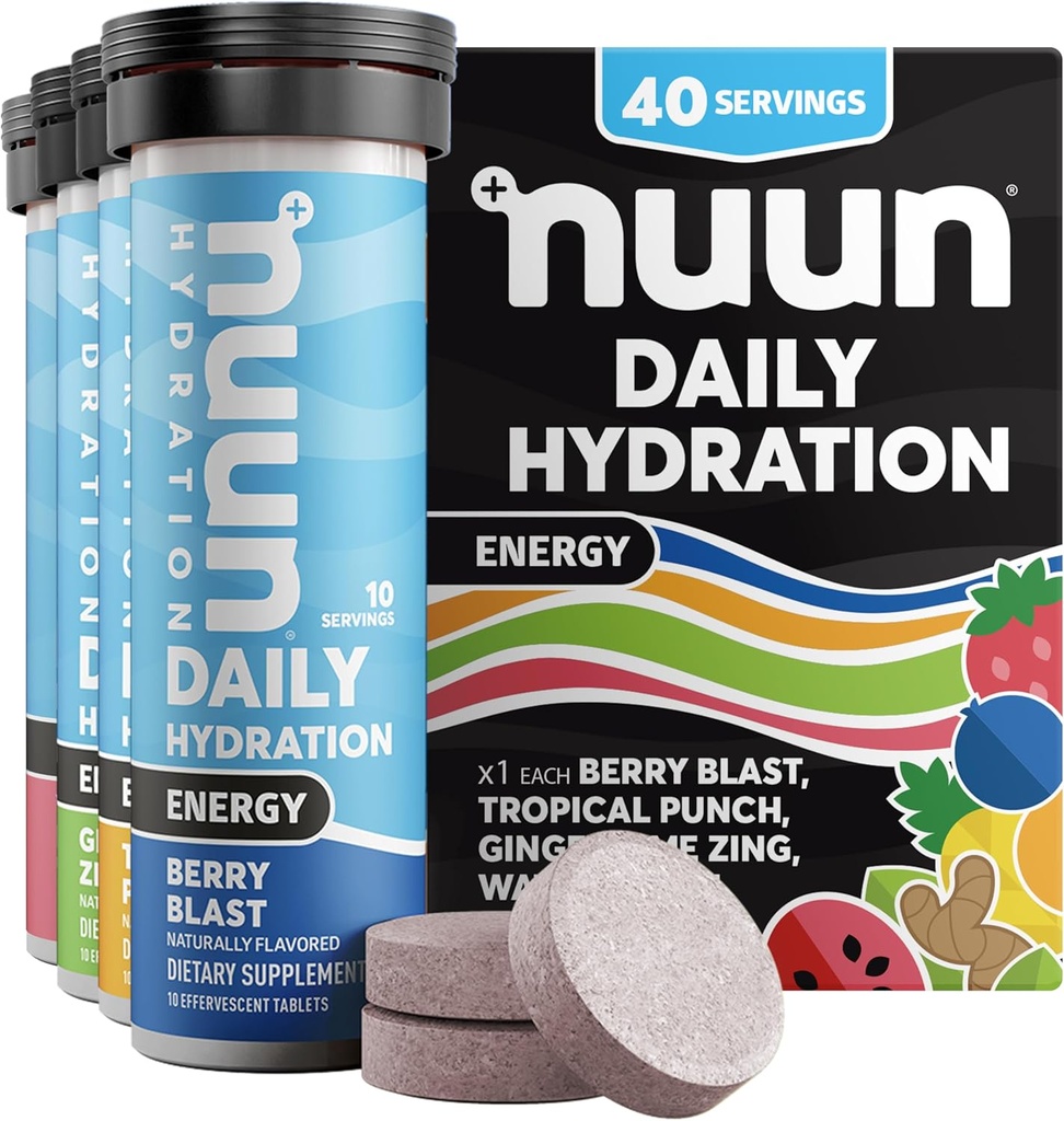 Nuun Energy Electrolyte Tabletter med Ginseng, Koffein fra grønn te ekstrakt, vitamin B12, B6, B5, Magnesium & 4 Andre Electrolyter, Glutenfri & Vegansk, Blandet Flavors, 4 Pack (40 Serverer totalt)