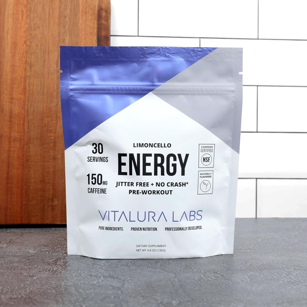 Vitalura Labs Pre-Workout Powder - Caffeina, Theacrine, Rhodiola & L-teanina per l'energia e la resistenza - Certificato di contenuto NSF - Limoncello Aromaed - 30 Serve