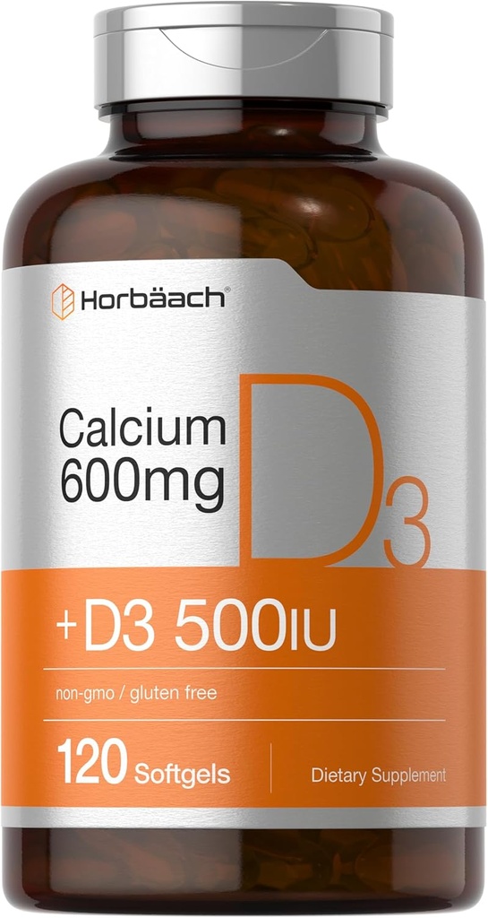 Horbäach Calcium Supplement з вітаміном D3 600 мг 120 м'які гелі не-GMO & Gluten Free для чоловіків і жінок