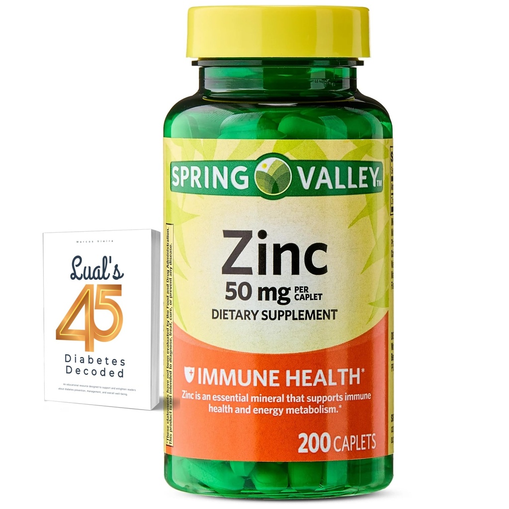 Spring Valley Zinc 50 mg, 200 Count, Dietary Supplement Caplets for Immune Health, Zinc Immune Supplements, Bundle with Lual's 45 Diabetes Decoded