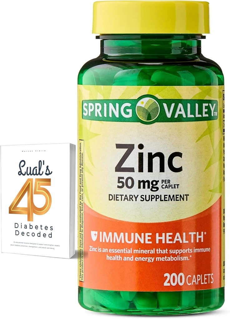 Spring Valley Zink 50 mg, 200 Greve, Kosttilskud Kapsler til immunforsvar, Zinkimmuntilskud, Bundle med Luals 45 Diabetes Decoded