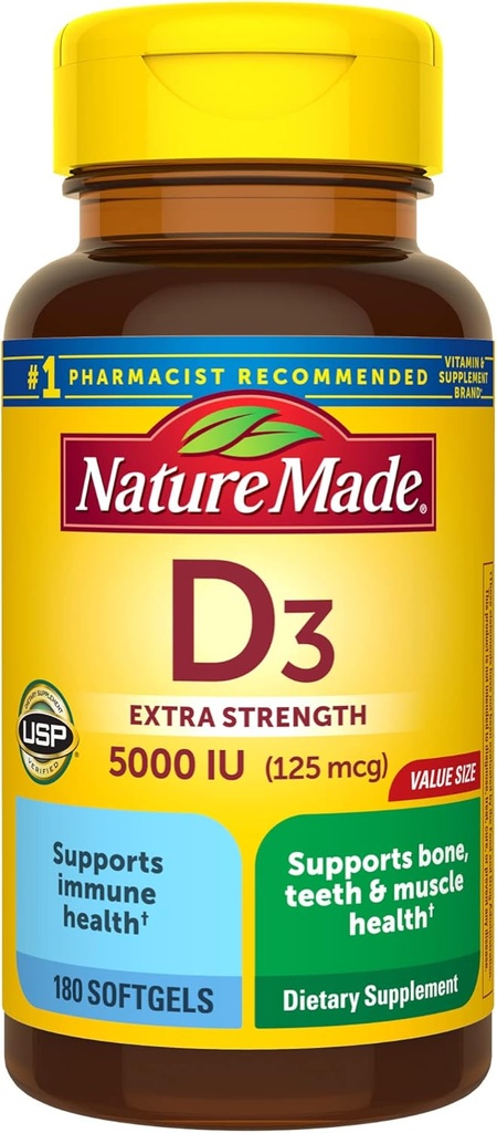 Nature Made Vitamin D3 5000 IU (125 mcg) Softgels, Extra Power Vitamin D Supplemen Bone and Ammune Health Support, 180 Count, 180 Hari Suppply