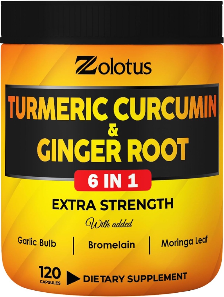 6 in 1 Turmeric Curcumin + Ginger Capsules, 95 Ginger, Garlic Bulb, Bromelain, Moringa, Black Pepper - 120 Kapsüls