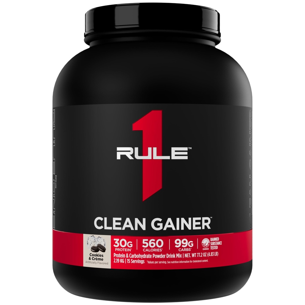Rule 1 Proteins Clean Gainer, Cookies & Crème, 15 Servings | High-Protein Lean Gain Formula with 560 Calories, 30g of Full-Spectrum Protein, Over 90g Carbs, Under 6g of Fat