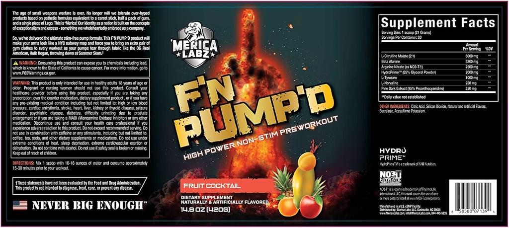'Merica Labz F'N Pump'D Stimulant Free, Typpioksidi, Fully doed, Pump PreWorkout Powder (20 tarjoilua) (Fruit Cocktail)