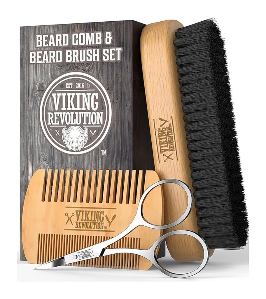Viking Revolution Beard Comb & Beard Brush Set for Men -- Φυσικό βούρτσα με βράγχια και διπλής δράσης αχλάδι κοφτό ξύλο w/Velvet Travel Pouch - Μεγάλη για γκρίνια και μουστάκια