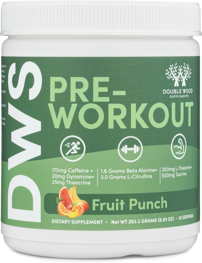 Pre Workout Pulver für Männer und Frauen (30 Servierungen von Koffein, Beta Alanine, L-Citrulline, Dynamine, L-Theanin, Taurine, Theacrine, & More) Preworkout Pulver mit Scoop von Double Wood (Fruit Punch)