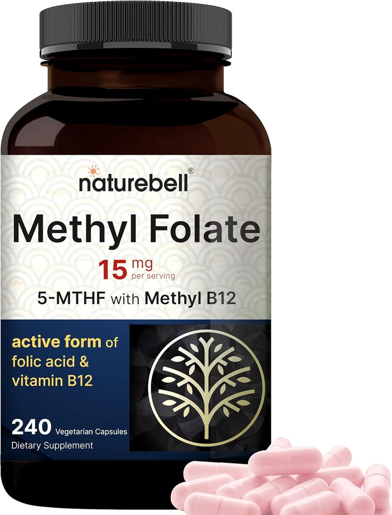 NatureBell L Metilfolate 15mg, 240 Veggie Capsules - Metil B12 1,000mcg ilə 5-MTHF - Enerji və Bilişsel Yardım üçün Yüksək Potency Dual Action, Active Folic Acid - Metil Folate