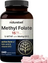 NatiureBell L Metilfolate 15mg, 240 Veggie kapsulės (124; 5-MTHF) su metilB12 1,000mcg (124; High Power Dual Action for Energy & Cognitive Support, Active Folic Acid - Metilfolate Addition