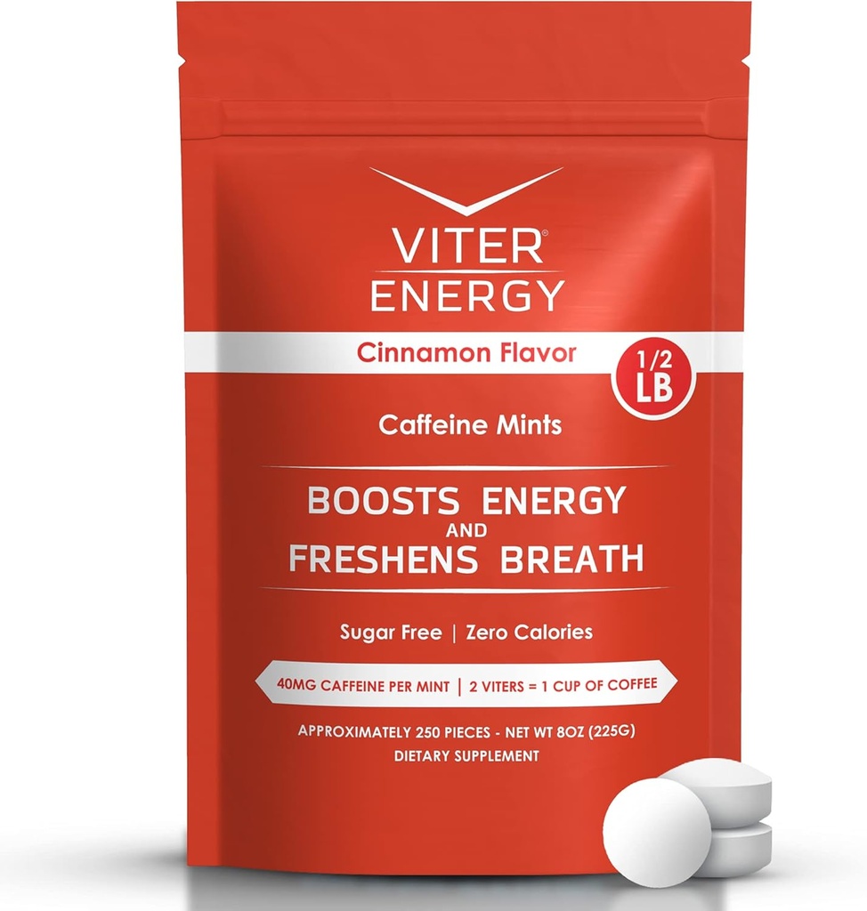 Viter Energy 40mg Menthes de caféine - Sans sucre, B Vitamines, Vegan, Boosts Fast Energized Alert Focus, Pills de supplément nootrope caféiné (arôme de cannelle, 8oz, sac en vrac)