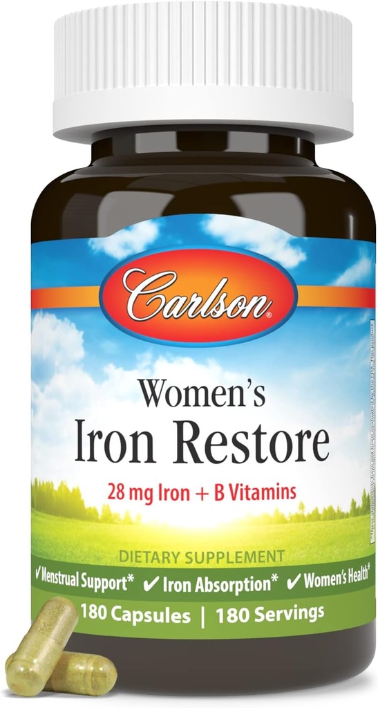 Carlson - Restauració del ferro de les dones, 28 mg Iron + Btaminas, suport menstrual de Iron Absions de Ferro, 180 Capsules