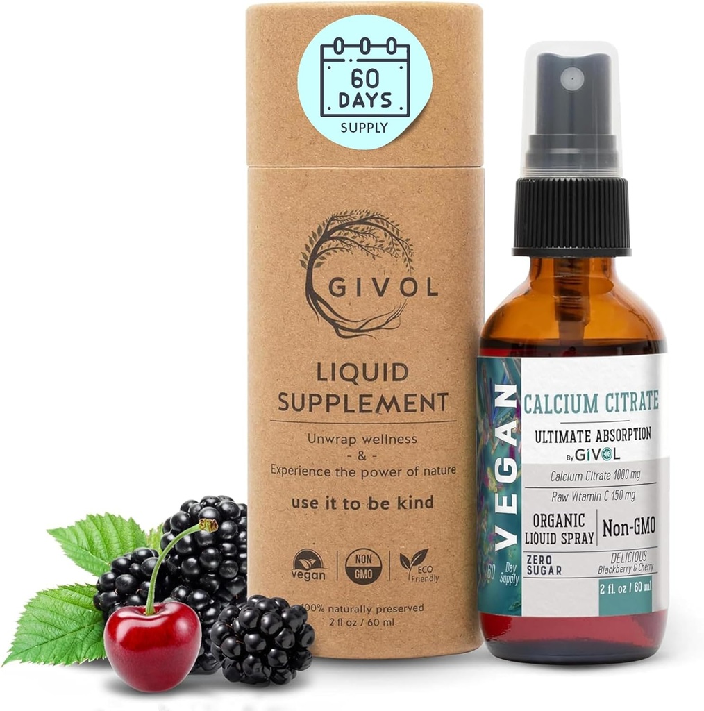 Liquid Calcium Citrate 1000mg & Raw Vitamin C 150mg Liquid Spray Mist for Optimal Absorption, Wild Cherry & BlackBerry Flavor, Calcium Supplement, Non-GMO, Gluten Free, Sugar-Free 2oz (60ml)