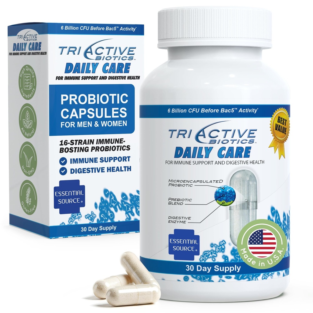 Essential Source TriActive Biotics Daily Care – Probiotics for Women and Men, 6 Billion CFU with Prebiotic Blend – Daily Digestive and Immune Support Gut Health Supplement – 30 Capsules