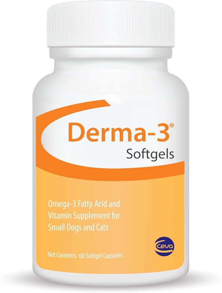 Ceva Derma-3 Softgels, Omega-3 Fatty Acid & Vitamin Supplement para cans pequenos + gatos