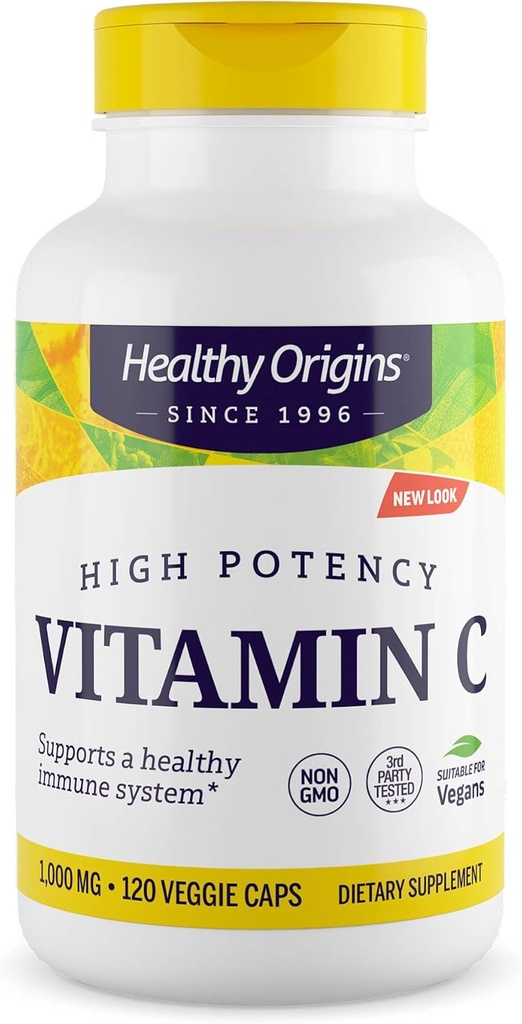 Veselīgas izcelsmes C vitamīns 1 000 mg (ne-GMO testēts, ar augstu potenci, imūnsupport, Vegan), 120 Veggie Caps