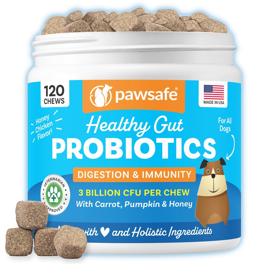 PawSafe® Dog Probiotics Soft Chews for Picky Eaters - USA Made, 120 Count - Digestive & Gut Health, Diarrhea, Gas Relief, Allergy & Itchy Skin Support - Natural with Pumpkin - Honey Chicken Flavor