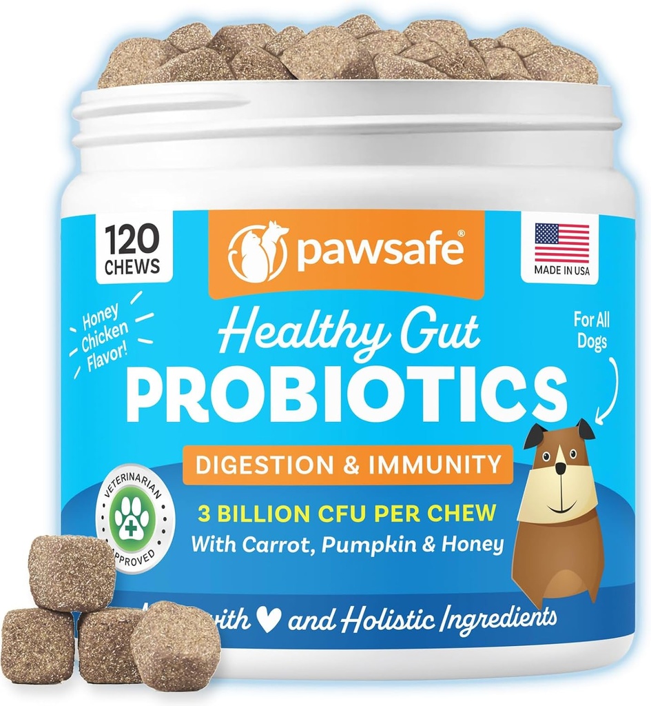 Probiotiques pour chiens, Miel Chicken Flavor, 120 Mâches douces pour la santé digestive et gorgée, supplément de soutien immunitaire, dégazage, anti-diarrhée, aide avec les allergies, l'estomac relevé, la peau de levure et de démangeaison