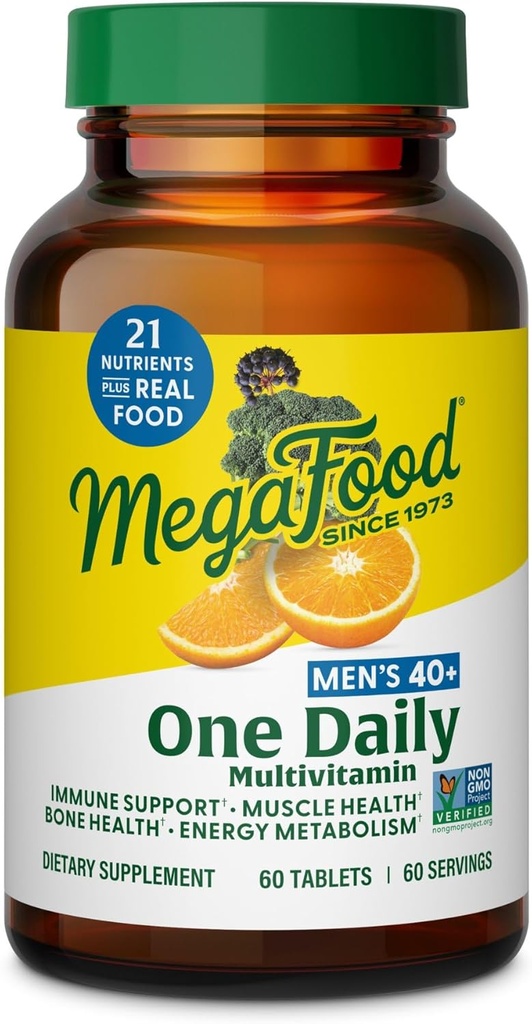 MegaFood Mens 40+ En daglig multivitamin for menn med vitamin B, vitamin D3, selen, sink & ekte mat - immunstøtte, energimetabolisme og muskel & bein helse – ikke GMO; vegetarian - 60 tabs