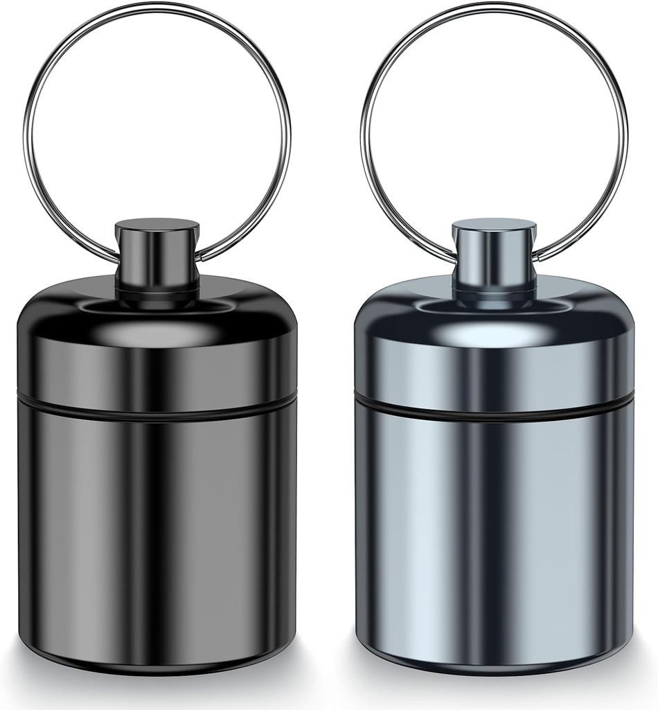 2 Pack Mini Pill Pouzdro na malý držák pilulek Keychain pro Purse - Přenosný cestovní Pill Kontejner Keychain, Vodotěsný Metal Daily Pill Box Organizátor pro Office Outdoor Camping (Black & Grey)