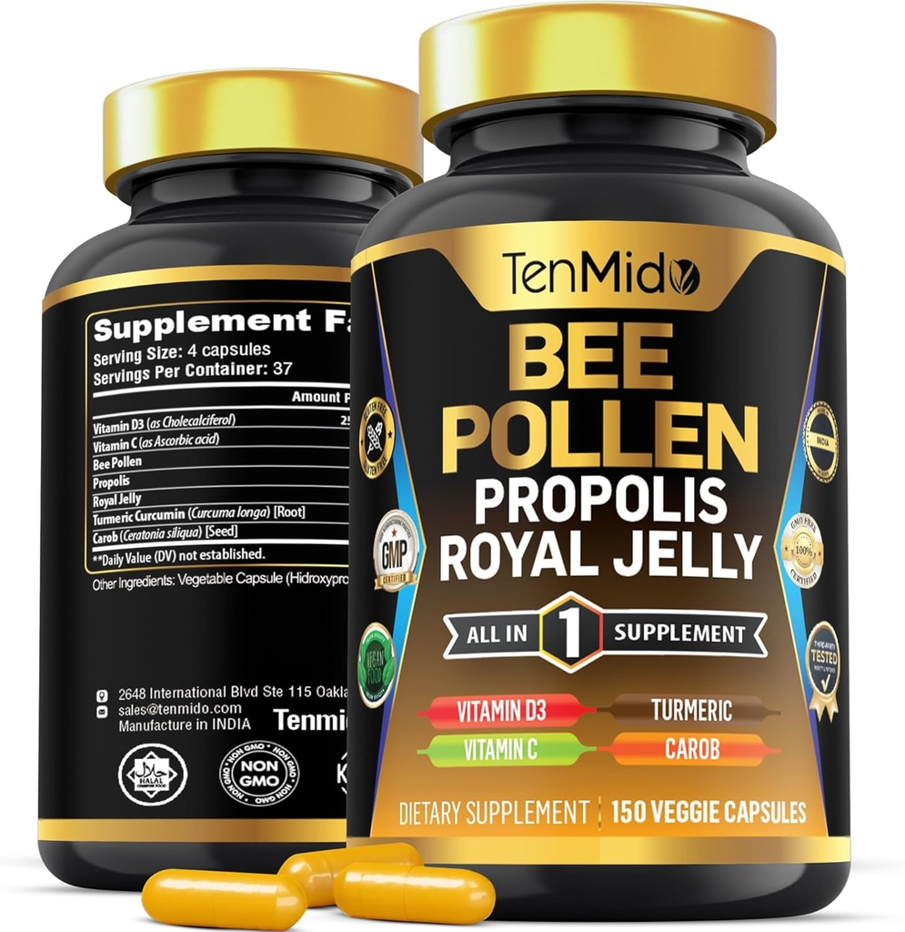 Capsule di polline d'api per uomini e donne, Formula 7-in-1 con Propolis, Jelly reale, curcuma, carob & More - Energia, Immune, supporto digestivo - Ricco di nutrienti, vitamine - 150 capsule