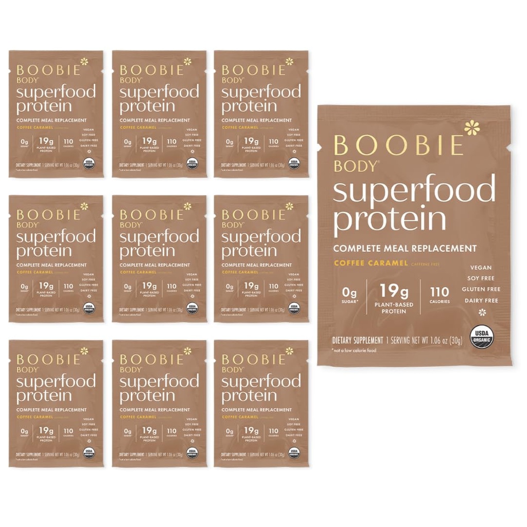 Boobie Body Superfood Protein Meal Replacement Shake, Coffee Caramel Flavor | 19g Protein | Safe For Pregnancy, Lactation, & Motherhood | Organic, Vegan, Zero Sugar, 10 Single Serve Packets (1.06 oz each)