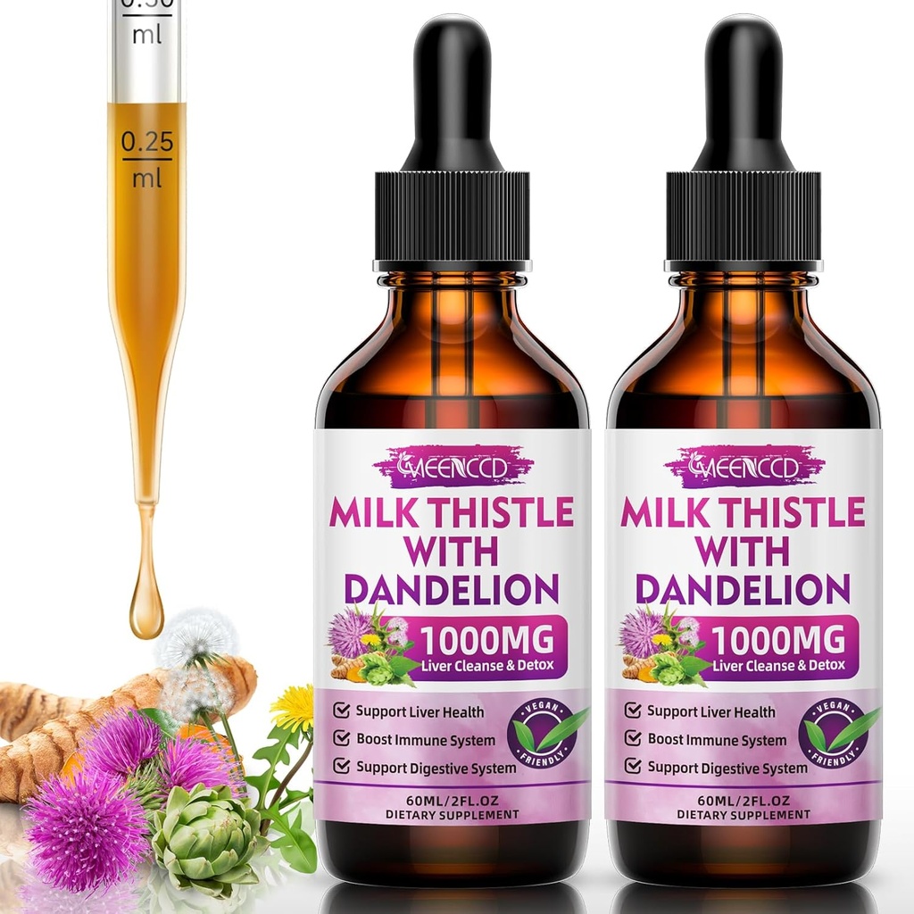 2 Pack Milk Thistle Liquid Drops - Liver Cleanse Detox & Reparación - 1000mg Suplemento de cardo de leite para soporte de fígado, Suplemento de fígado de Silymarin para saúde hepática, Vegan, Non-GMO, 4 Fl Oz