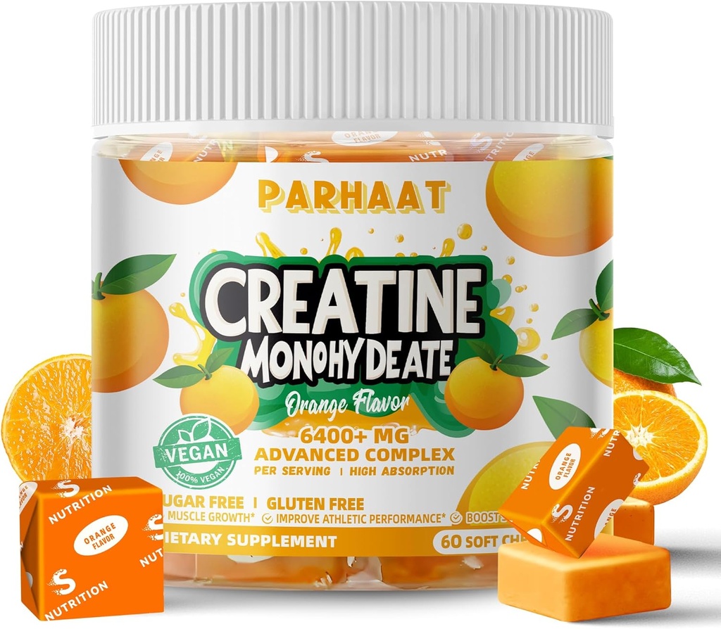 Creatine Monohydrate Chews Complex 6400mg for Men & Women -Advanced Formula W/L-Taurine + Vitamin B12, Sugar Free Chewable Supplement,60 Orange Softchews