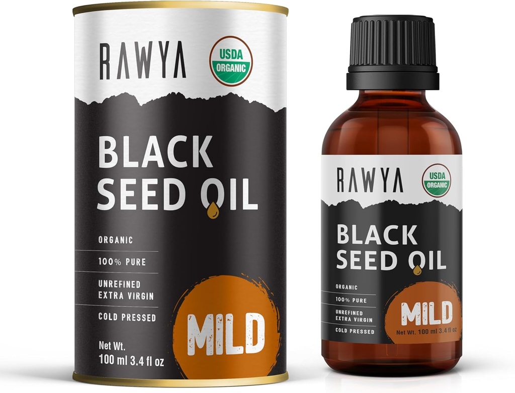 RAWYA Huile de graines noires - pressée à froid - Graine de cumin noire - Premium Nigella Sativa - Omega 3 6 9 - Kalonji pour la peau et les cheveux sains - Non-OGM, sans gluten - Huile de bien-être - Arôme doux - 3,4 Fl Oz