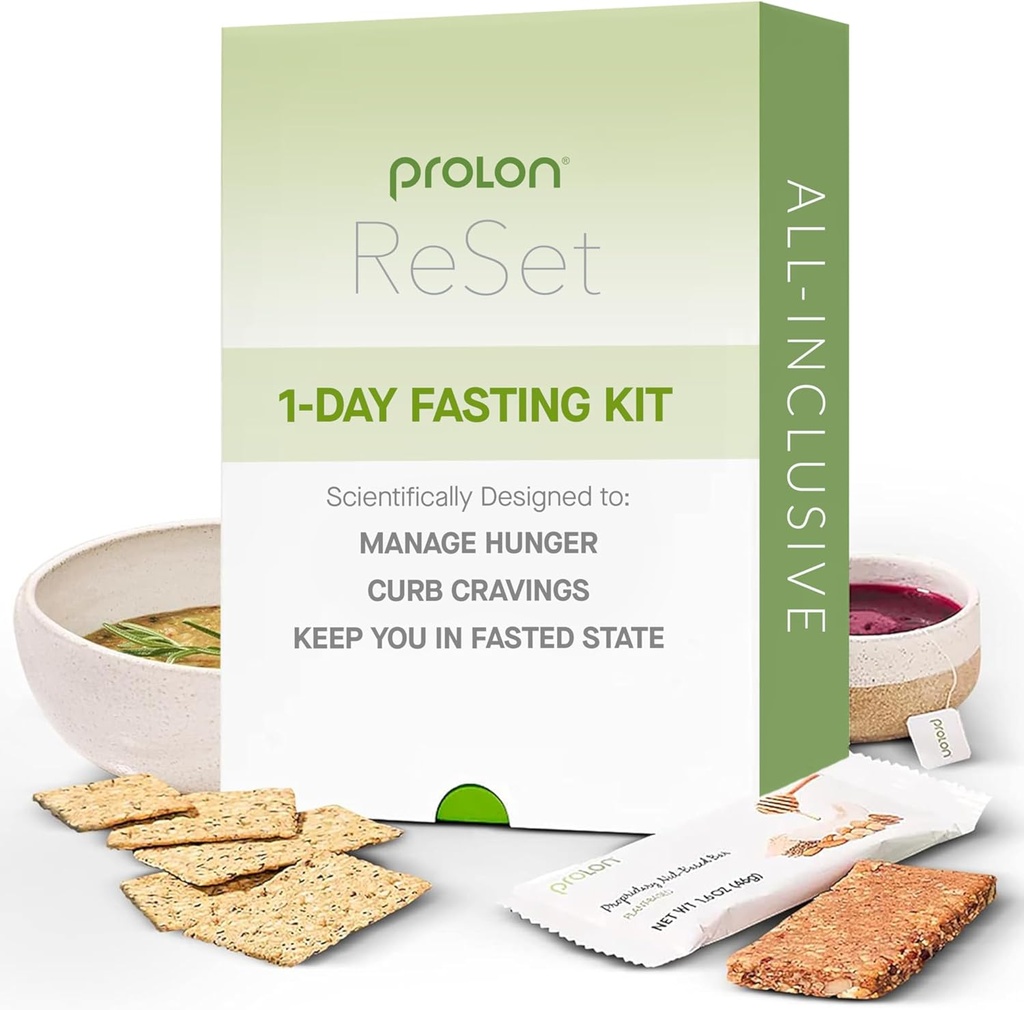 Prolon 1- Day Nulstil fastende kit 124; Fast med mad • 124; Understøtter sund aldring & Vægt Management • 124; Low- Calorie, Plant- baserede Måltider & Snacks • 124; Udviklet til ikke bryde din hurtig (1- dag Kit)