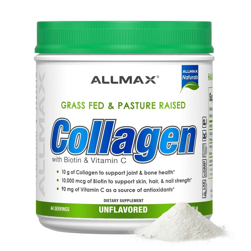 ALLMAX Collagen Powder Unflavored, Hydrolyzed Collagen Peptides, Grass Fed Bovine Collagen, Vitamin C & Biotin, Hair Skin Nails & Joint Support, 440g, 44 Servings