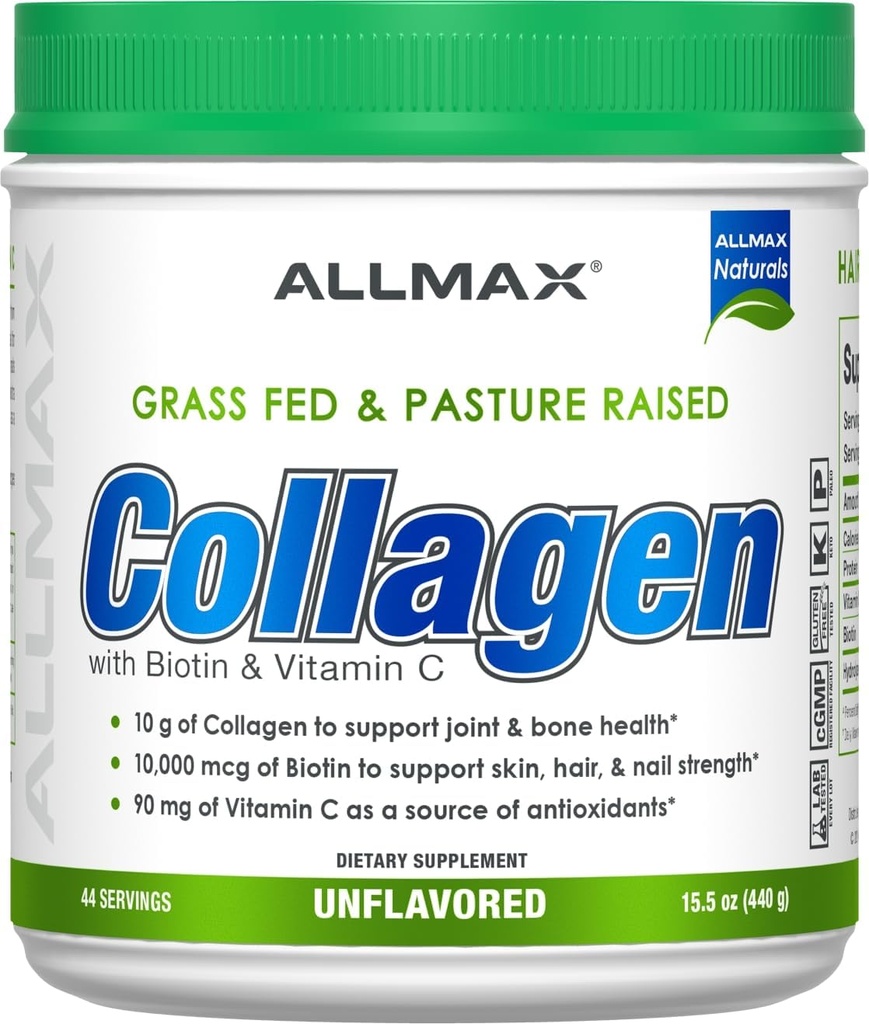 AllMAX Nutrition Grass Fed & Pasture Raised Collagen con 10.000 mcg Biotina + 90 mg Vitamina C, Unflavored, 15.5 oz (440 g)