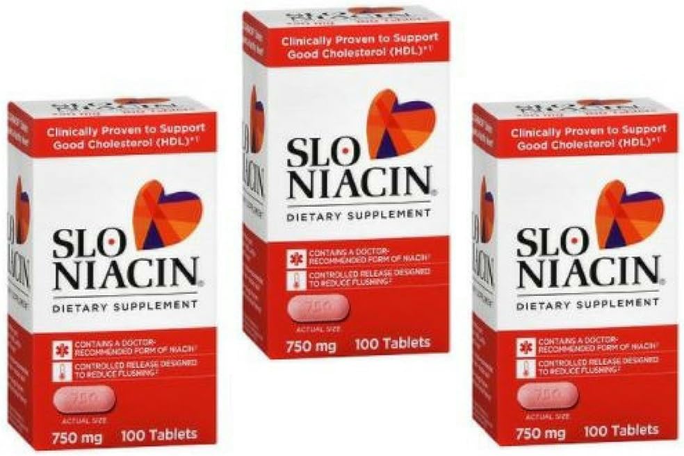 SLO-NIACIN Supliment alimentar O dată pe zi cu 750 mg de Niacin Vitamina B din Acid nicotinic pentru absorbţie mare 100 comprimate per flacon 3 ambalaj
